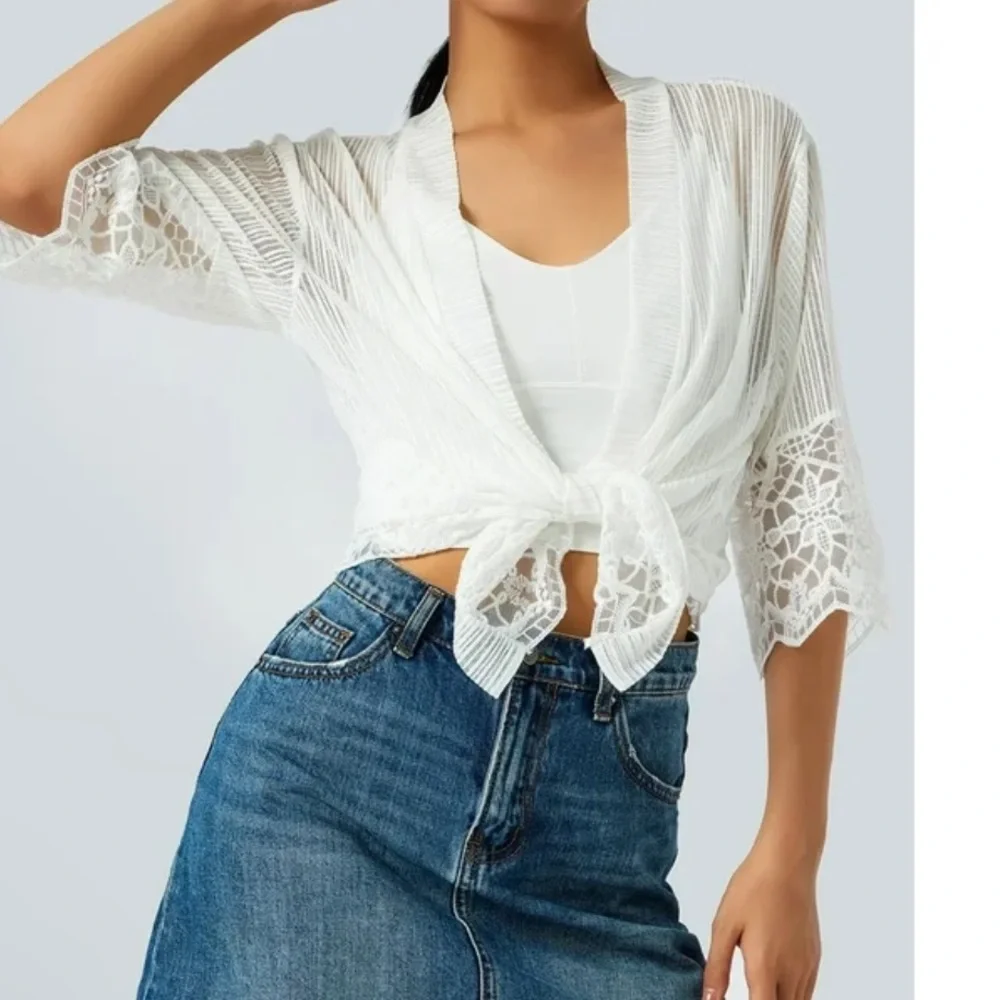Lace Sheer Cardigan Sweater Short Sleeve Open Front Shrug Floral Bolero Cover Up - Picture 3 of 12